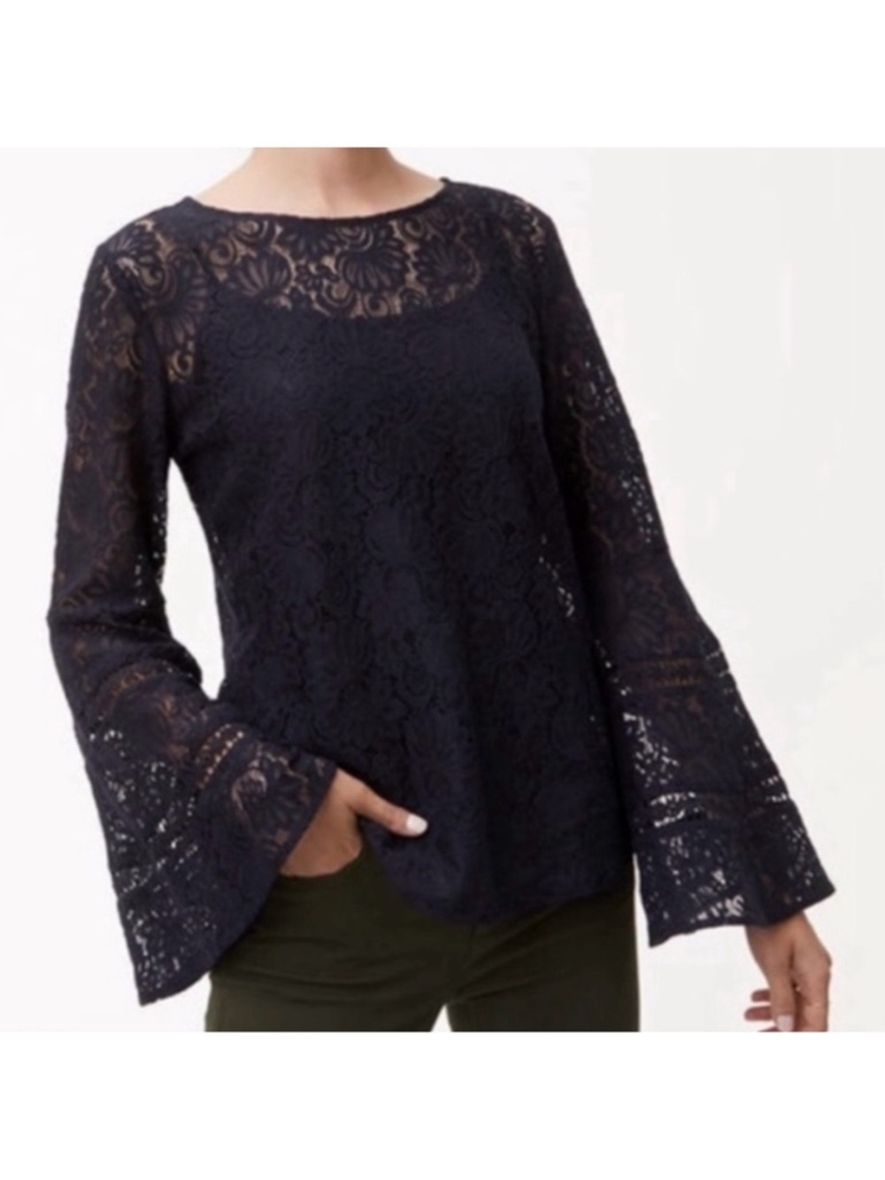 LOFT Lace Blouse Bell Sleeves Semi Sheer Navy Blue Cotton Rayon Blend Small Pet